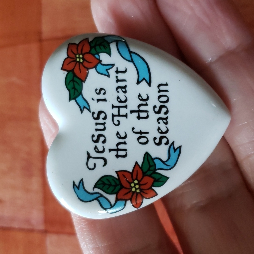 Vintage Jesus Is The Heart Of The Season Ceramic Christmas Brooch